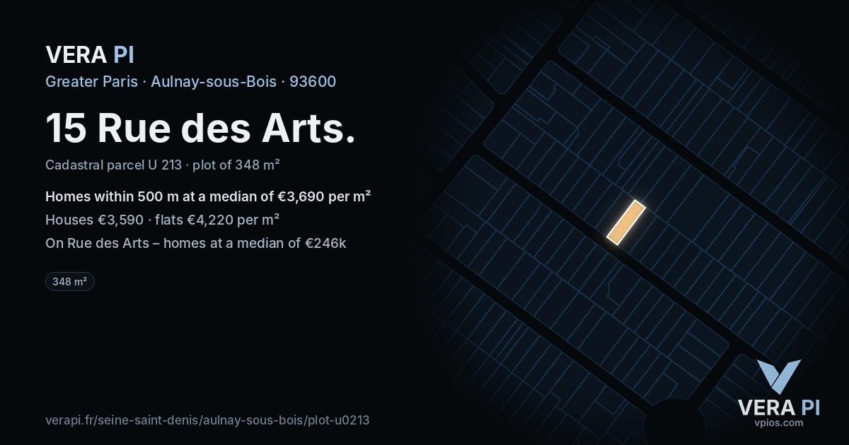 15 Rue des Arts, Aulnay-sous-Bois at night – the plot lit, the parcels around coloured by the prices near them