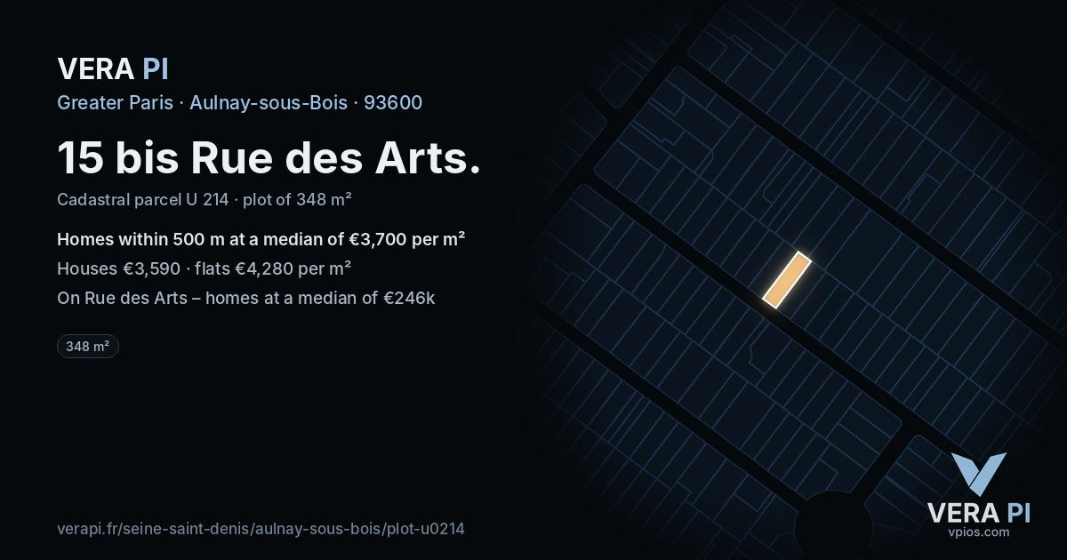 15 bis Rue des Arts, Aulnay-sous-Bois at night – the plot lit, the parcels around coloured by the prices near them