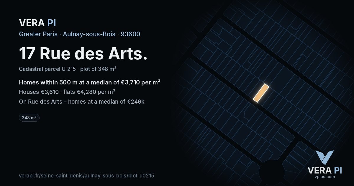 17 Rue des Arts, Aulnay-sous-Bois at night – the plot lit, the parcels around coloured by the prices near them