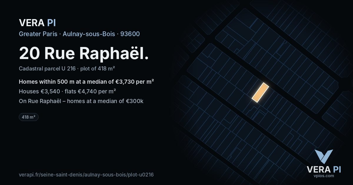 20 Rue Raphaël, Aulnay-sous-Bois at night – the plot lit, the parcels around coloured by the prices near them