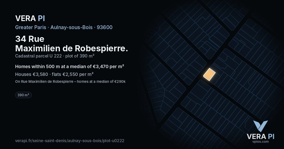 34 Rue Maximilien de Robespierre, Aulnay-sous-Bois at night – the plot lit, the parcels around coloured by the prices near them