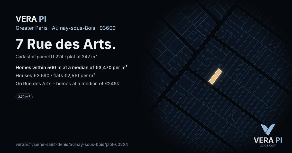 7 Rue des Arts, Aulnay-sous-Bois at night – the plot lit, the parcels around coloured by the prices near them