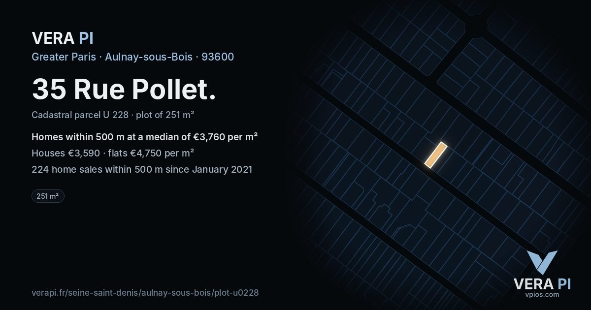 35 Rue Pollet, Aulnay-sous-Bois at night – the plot lit, the parcels around coloured by the prices near them