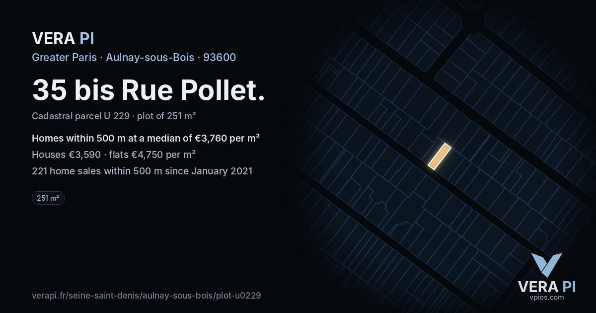 35 bis Rue Pollet, Aulnay-sous-Bois at night – the plot lit, the parcels around coloured by the prices near them