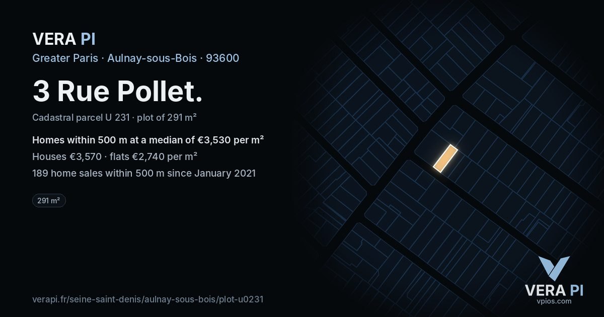 3 Rue Pollet, Aulnay-sous-Bois at night – the plot lit, the parcels around coloured by the prices near them