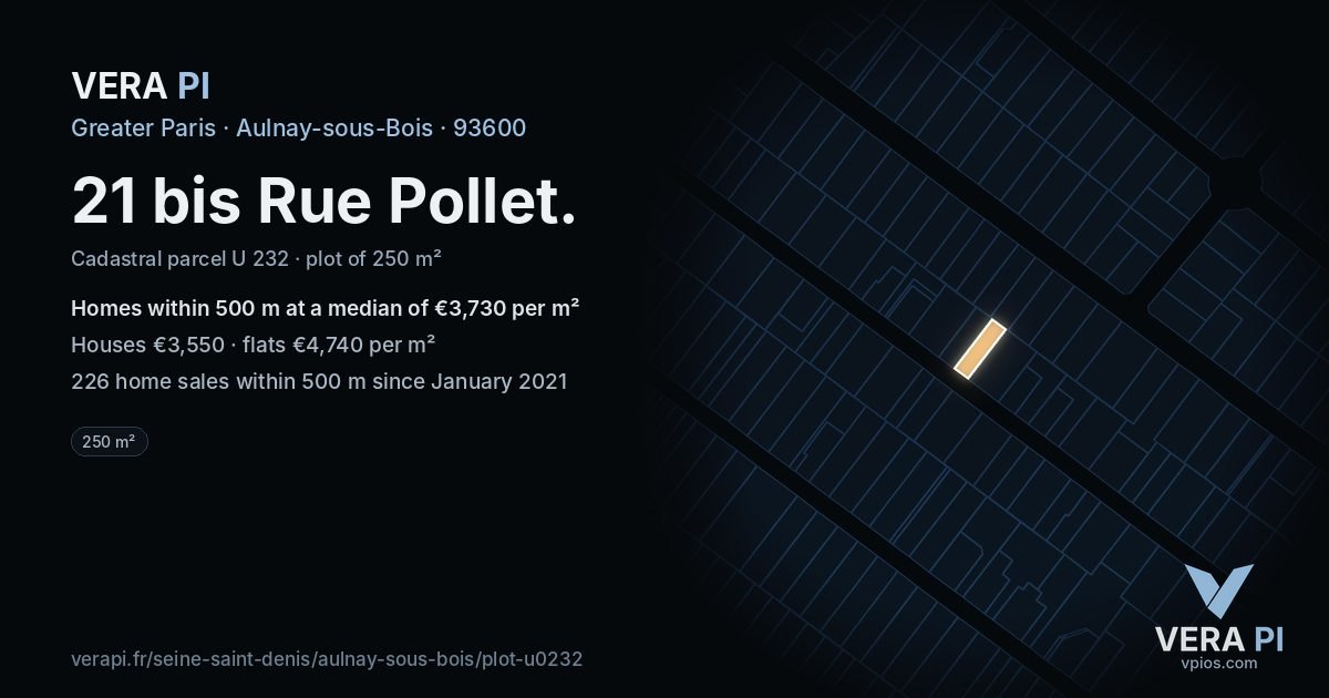 21 bis Rue Pollet, Aulnay-sous-Bois at night – the plot lit, the parcels around coloured by the prices near them