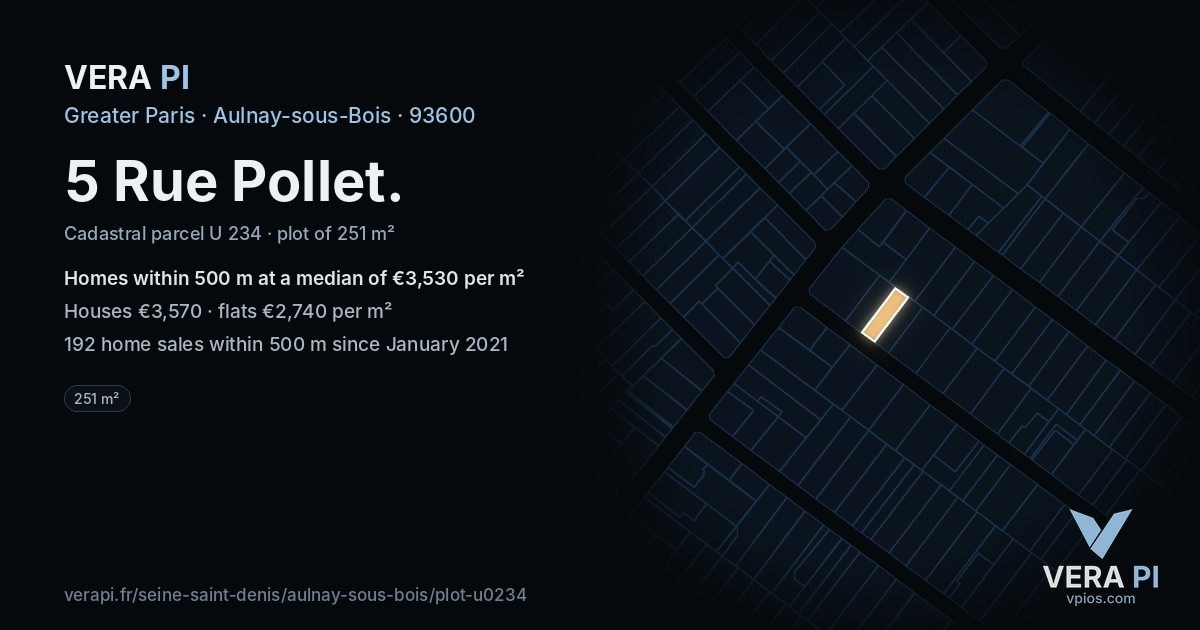 5 Rue Pollet, Aulnay-sous-Bois at night – the plot lit, the parcels around coloured by the prices near them