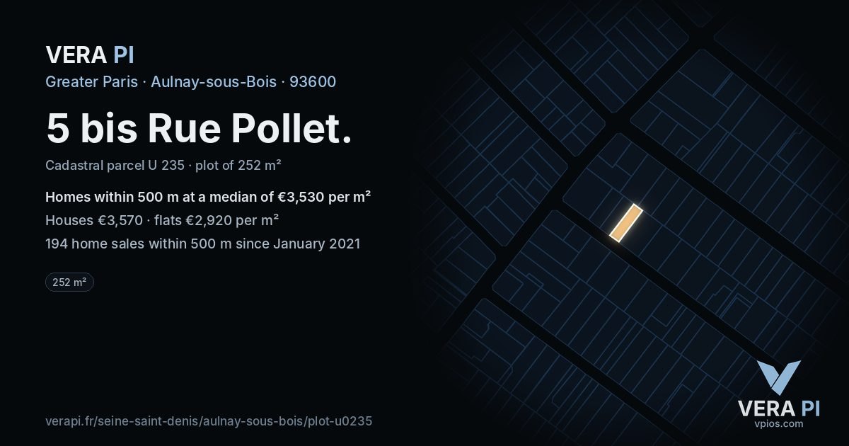 5 bis Rue Pollet, Aulnay-sous-Bois at night – the plot lit, the parcels around coloured by the prices near them