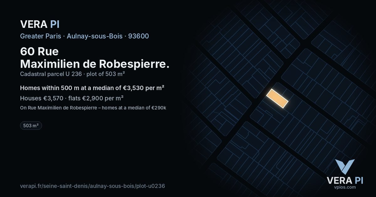 60 Rue Maximilien de Robespierre, Aulnay-sous-Bois at night – the plot lit, the parcels around coloured by the prices near them