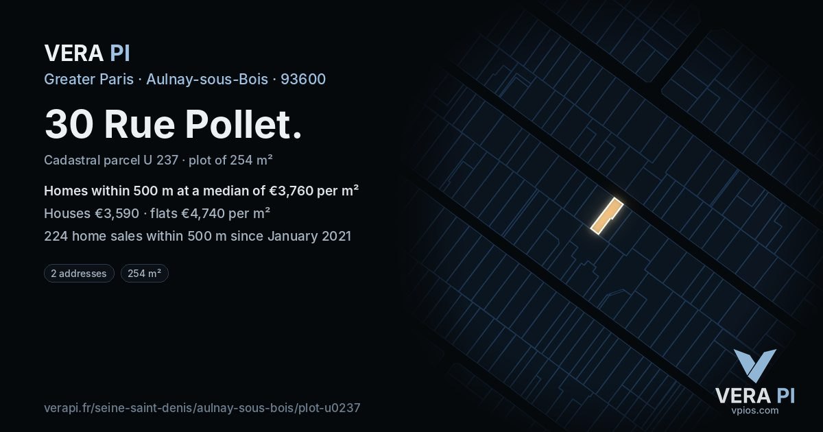 30 Rue Pollet, Aulnay-sous-Bois at night – the plot lit, the parcels around coloured by the prices near them