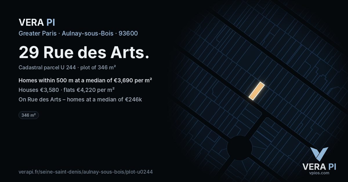 29 Rue des Arts, Aulnay-sous-Bois at night – the plot lit, the parcels around coloured by the prices near them