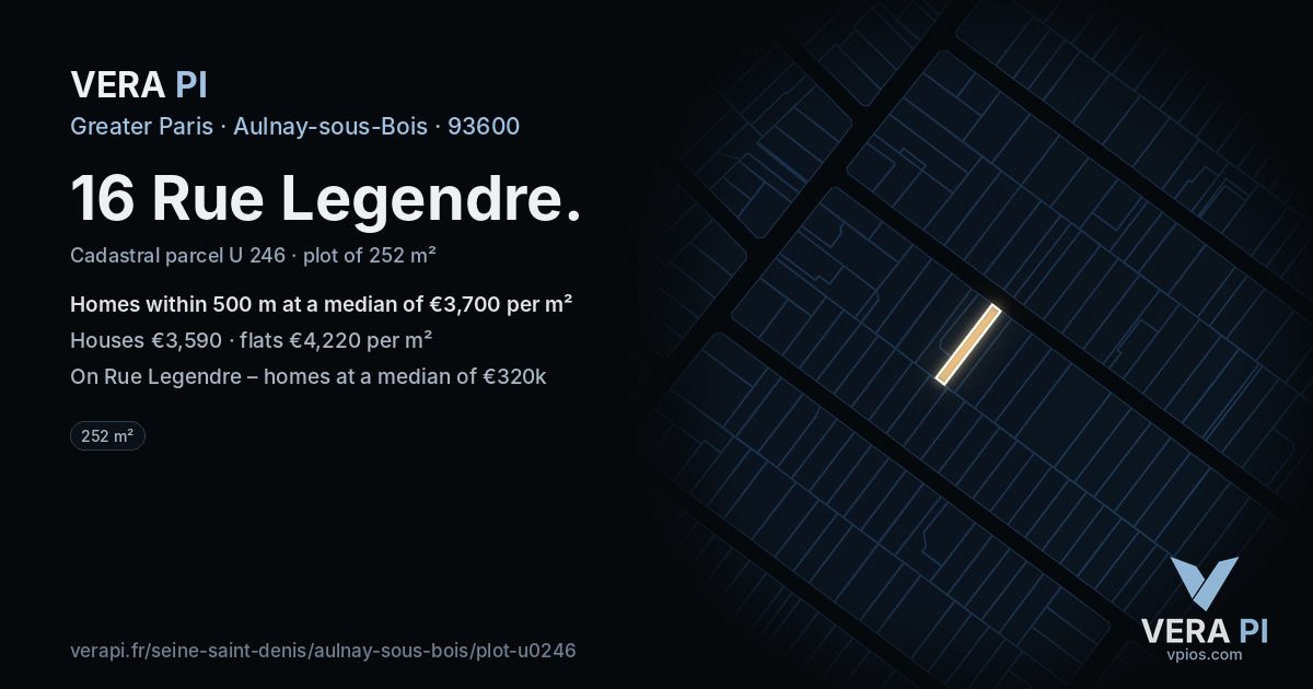 16 Rue Legendre, Aulnay-sous-Bois at night – the plot lit, the parcels around coloured by the prices near them