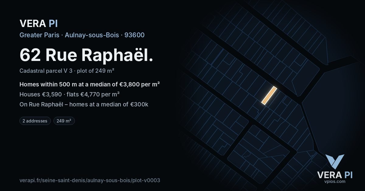 62 Rue Raphaël, Aulnay-sous-Bois at night – the plot lit, the parcels around coloured by the prices near them