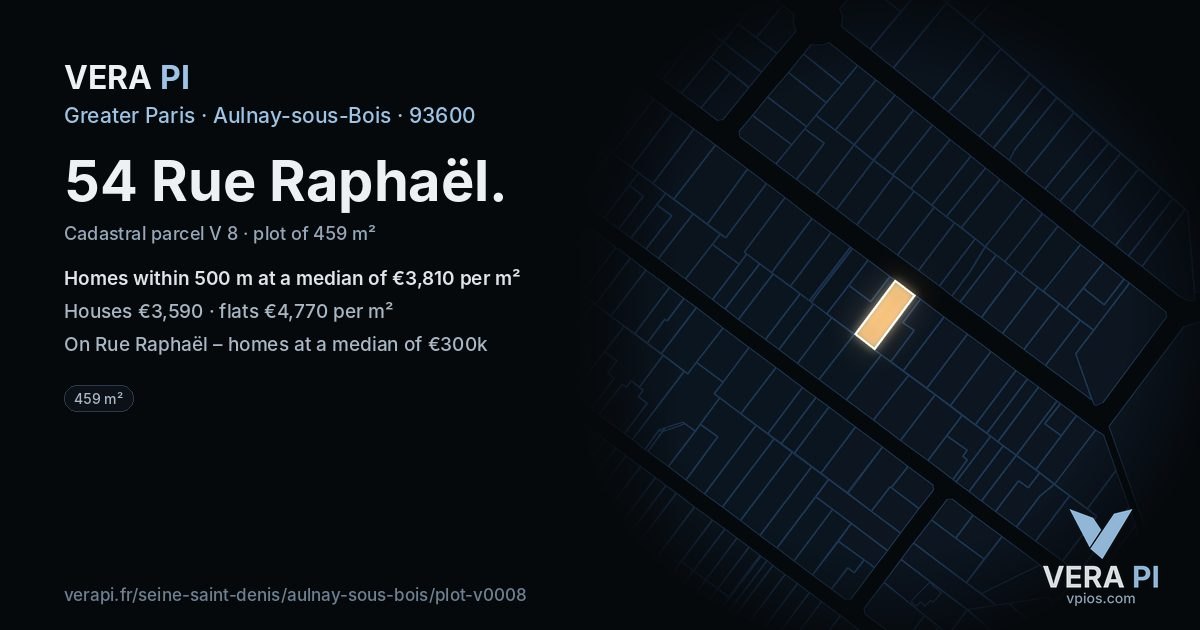 54 Rue Raphaël, Aulnay-sous-Bois at night – the plot lit, the parcels around coloured by the prices near them