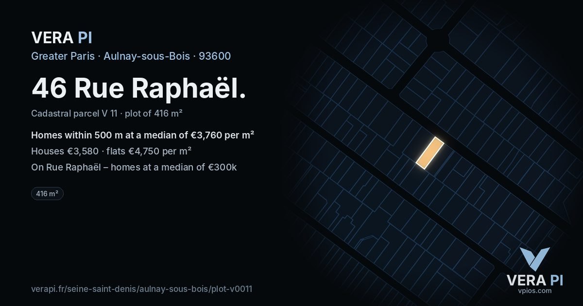 46 Rue Raphaël, Aulnay-sous-Bois at night – the plot lit, the parcels around coloured by the prices near them