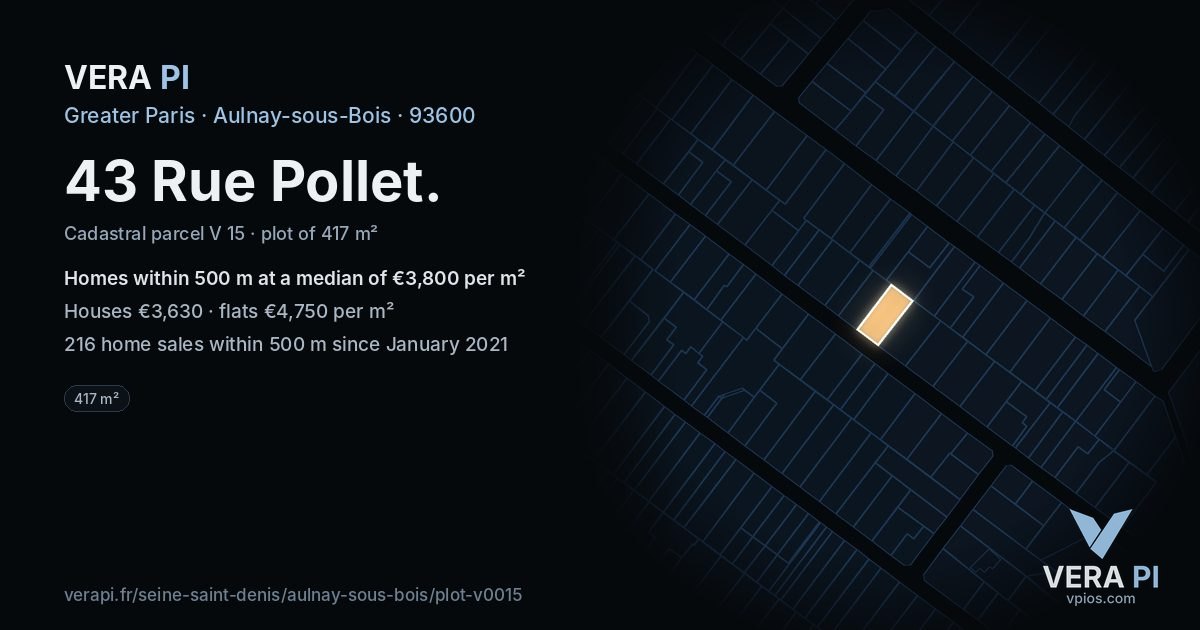 43 Rue Pollet, Aulnay-sous-Bois at night – the plot lit, the parcels around coloured by the prices near them