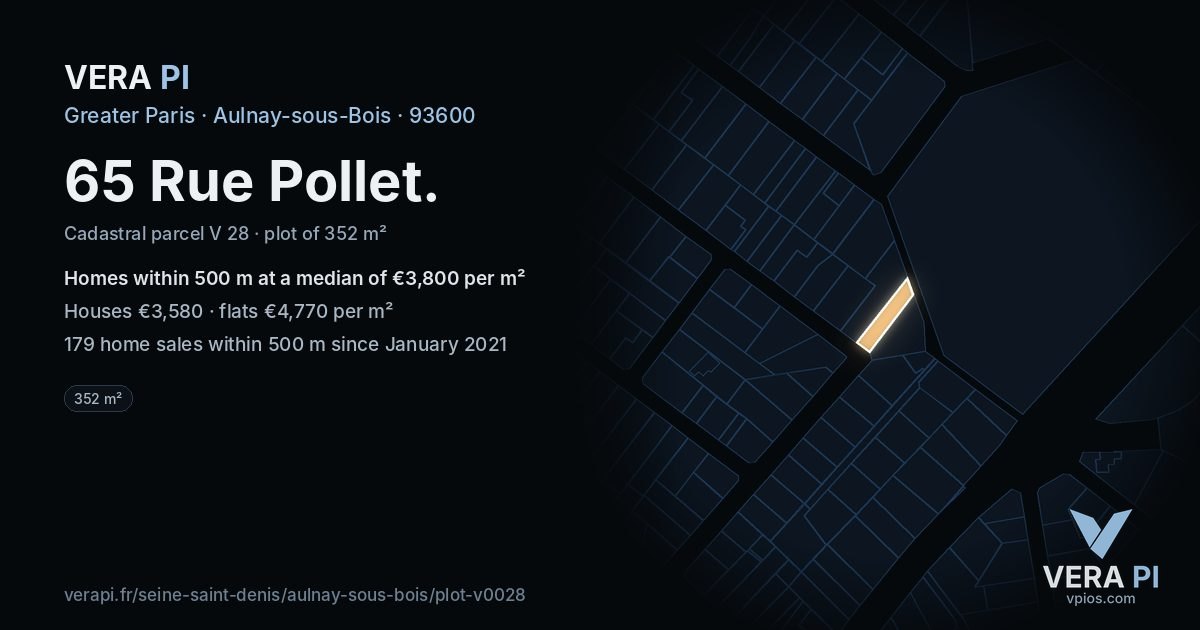 65 Rue Pollet, Aulnay-sous-Bois at night – the plot lit, the parcels around coloured by the prices near them