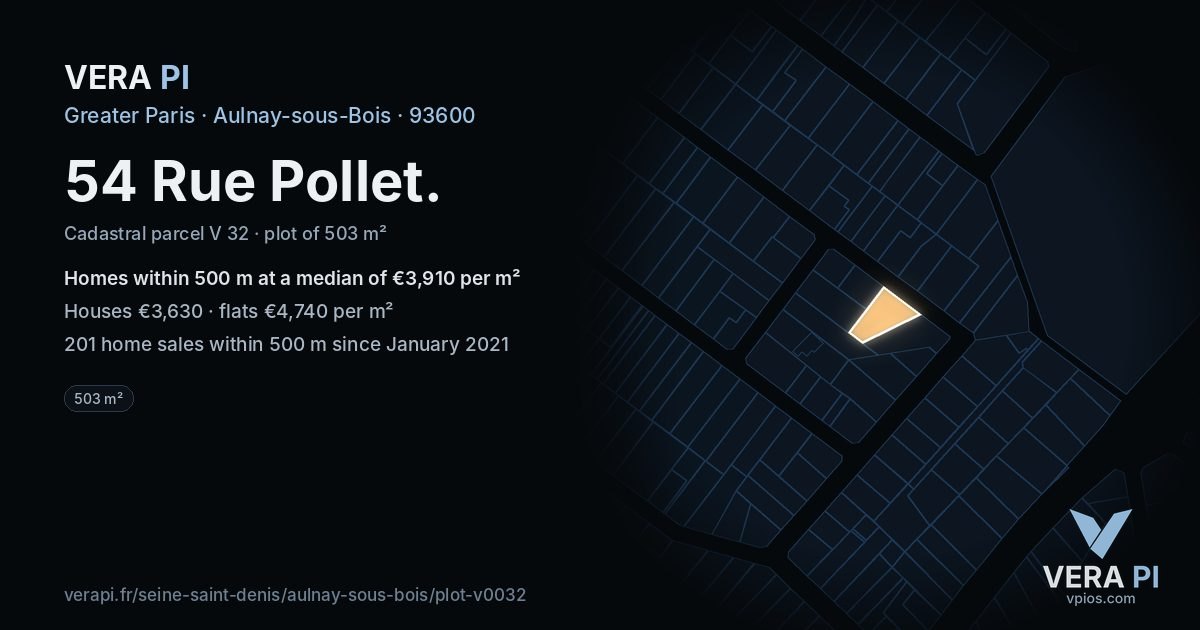 54 Rue Pollet, Aulnay-sous-Bois at night – the plot lit, the parcels around coloured by the prices near them