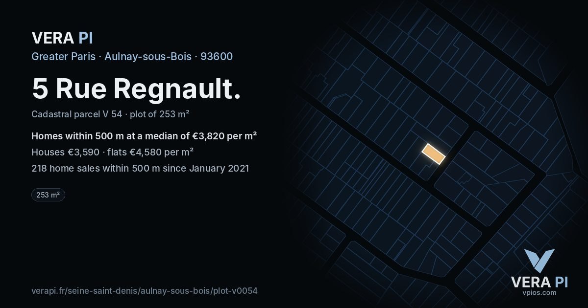 5 Rue Regnault, Aulnay-sous-Bois at night – the plot lit, the parcels around coloured by the prices near them