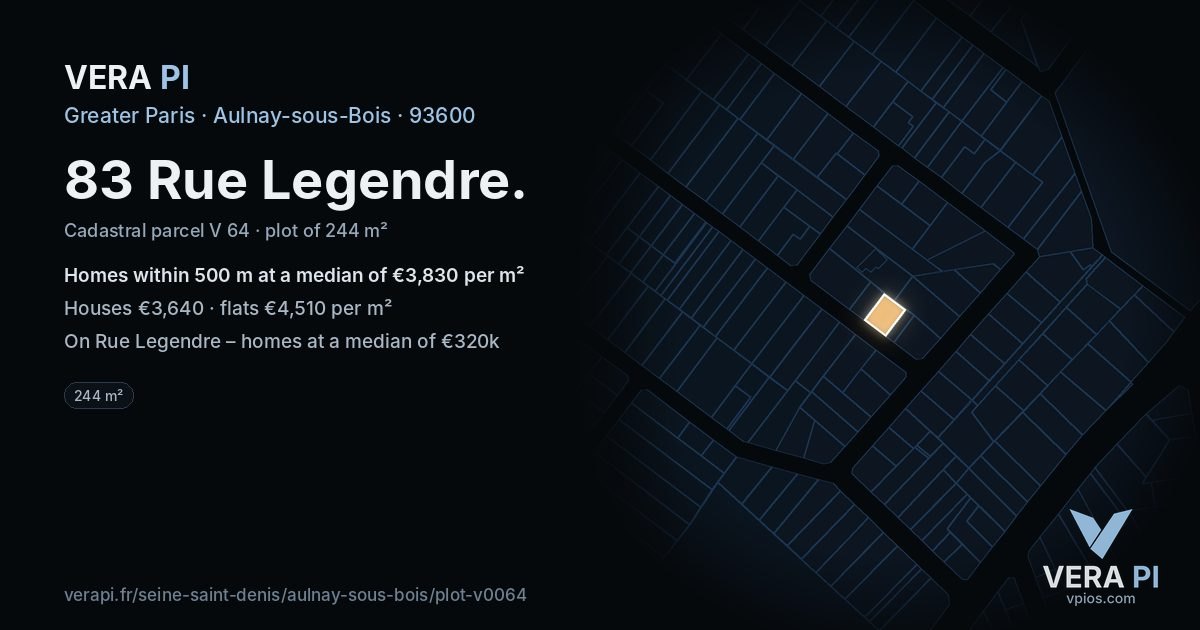 83 Rue Legendre, Aulnay-sous-Bois at night – the plot lit, the parcels around coloured by the prices near them