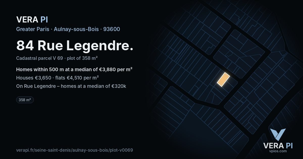84 Rue Legendre, Aulnay-sous-Bois at night – the plot lit, the parcels around coloured by the prices near them
