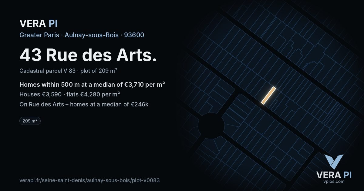 43 Rue des Arts, Aulnay-sous-Bois at night – the plot lit, the parcels around coloured by the prices near them