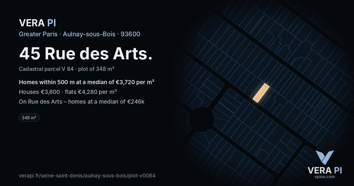 45 Rue des Arts, Aulnay-sous-Bois at night – the plot lit, the parcels around coloured by the prices near them