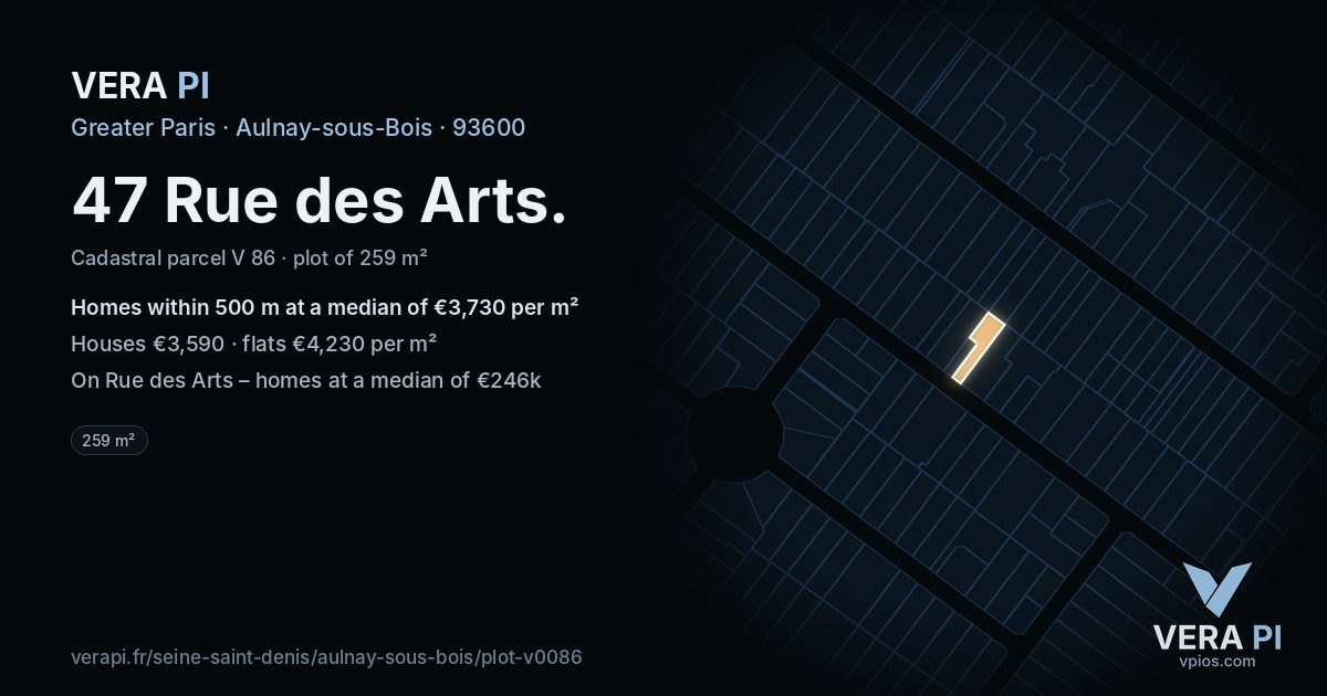 47 Rue des Arts, Aulnay-sous-Bois at night – the plot lit, the parcels around coloured by the prices near them