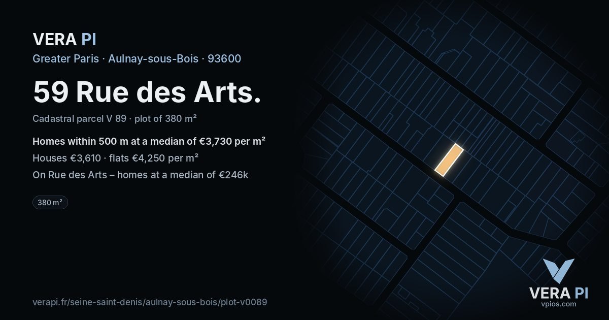 59 Rue des Arts, Aulnay-sous-Bois at night – the plot lit, the parcels around coloured by the prices near them