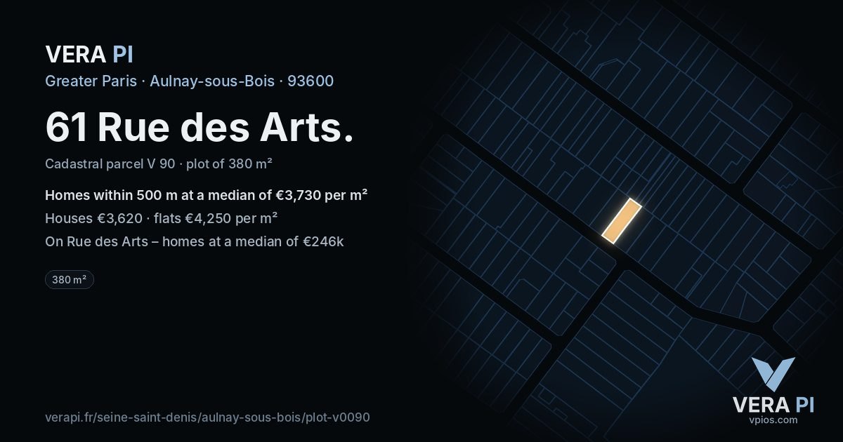 61 Rue des Arts, Aulnay-sous-Bois at night – the plot lit, the parcels around coloured by the prices near them
