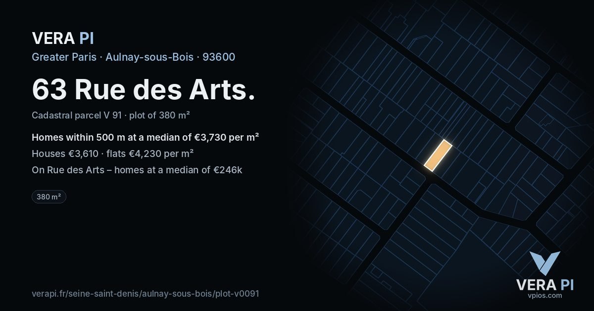 63 Rue des Arts, Aulnay-sous-Bois at night – the plot lit, the parcels around coloured by the prices near them