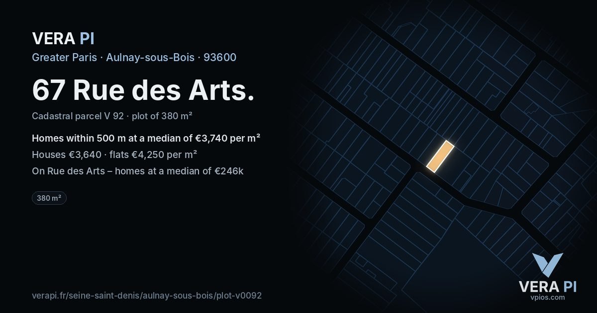 67 Rue des Arts, Aulnay-sous-Bois at night – the plot lit, the parcels around coloured by the prices near them