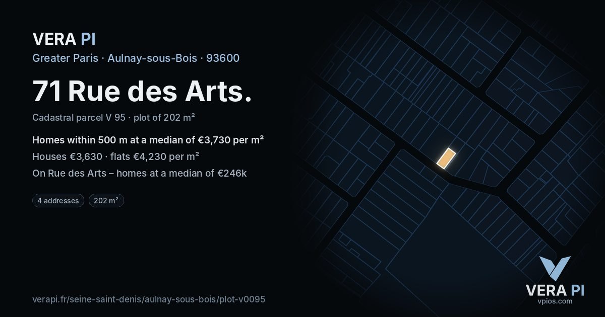 71 Rue des Arts, Aulnay-sous-Bois at night – the plot lit, the parcels around coloured by the prices near them
