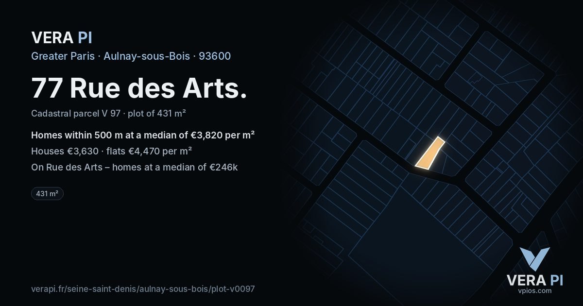77 Rue des Arts, Aulnay-sous-Bois at night – the plot lit, the parcels around coloured by the prices near them