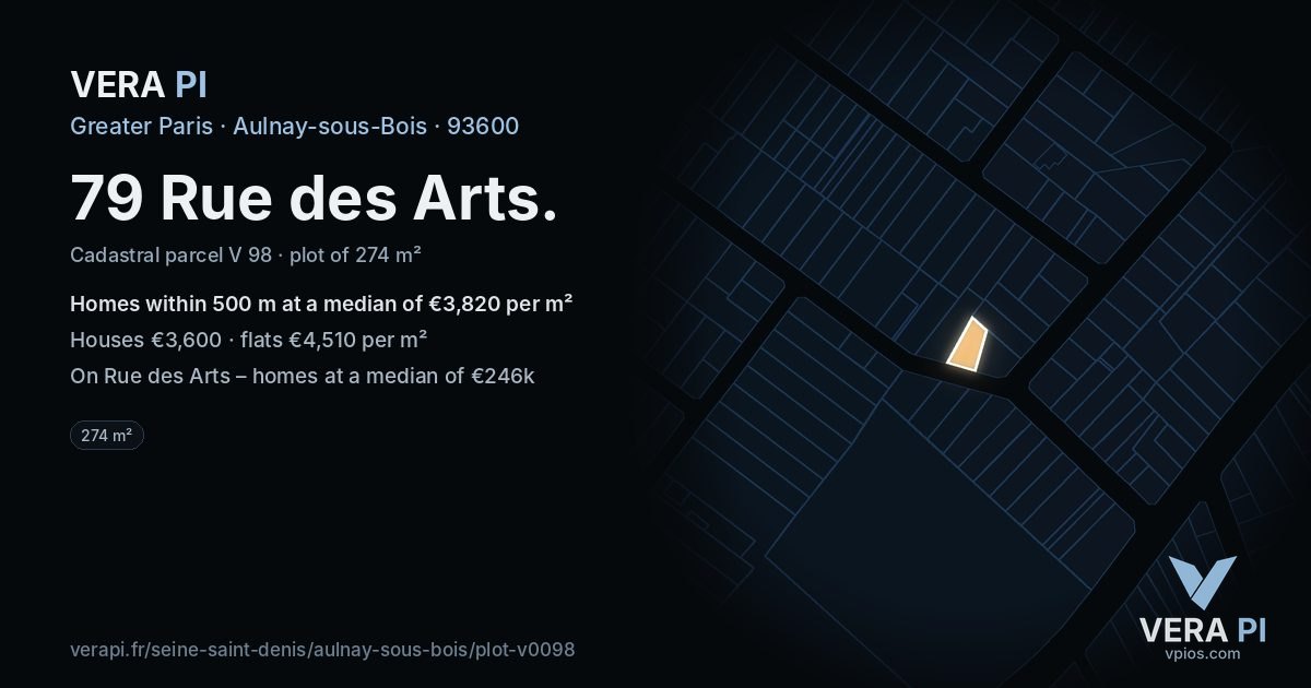 79 Rue des Arts, Aulnay-sous-Bois at night – the plot lit, the parcels around coloured by the prices near them