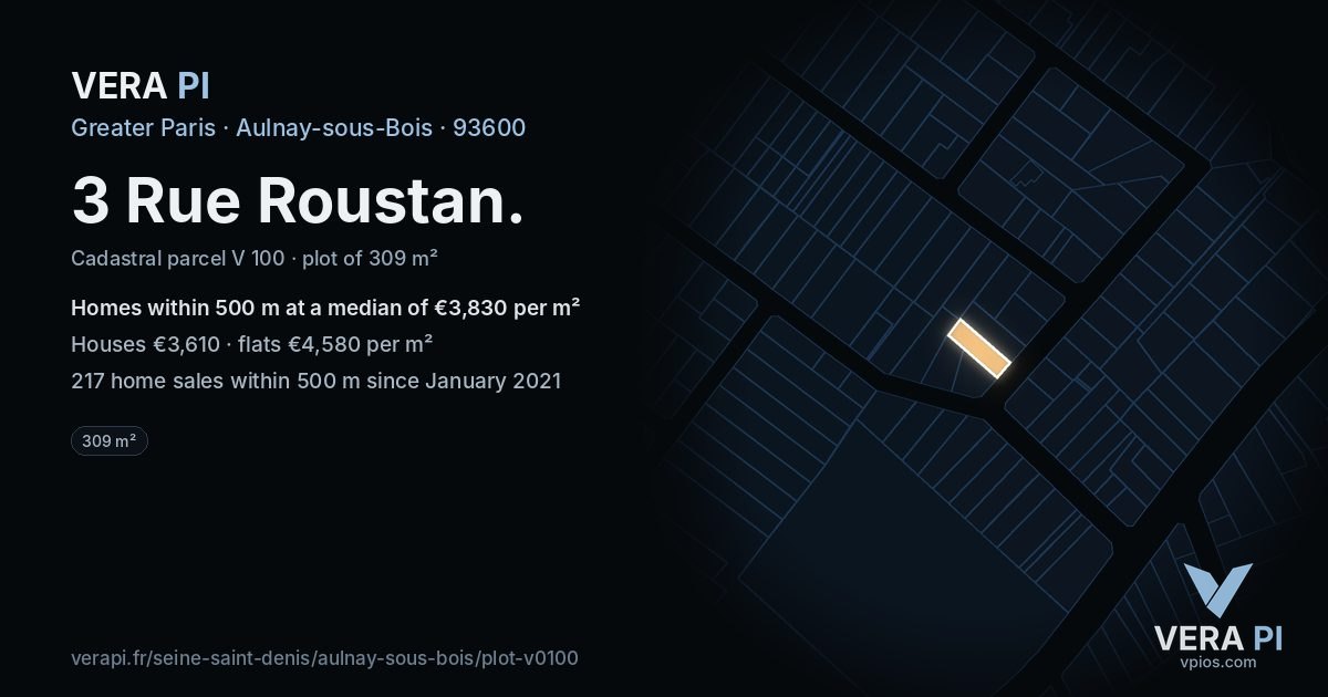 3 Rue Roustan, Aulnay-sous-Bois at night – the plot lit, the parcels around coloured by the prices near them