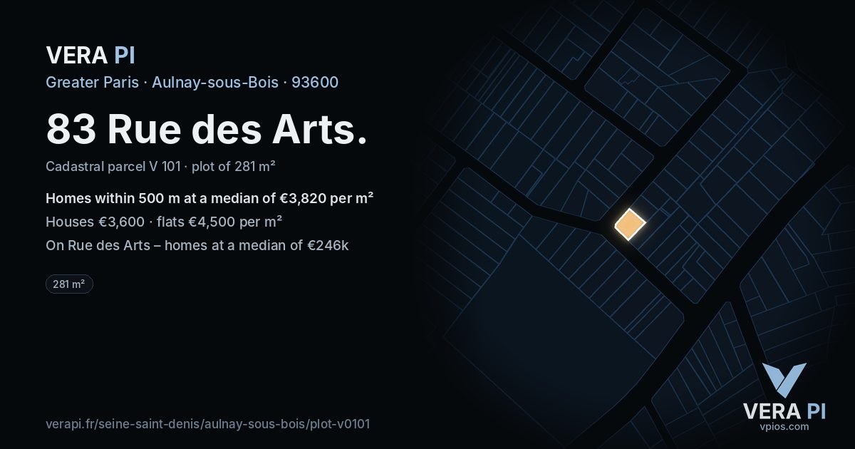 83 Rue des Arts, Aulnay-sous-Bois at night – the plot lit, the parcels around coloured by the prices near them