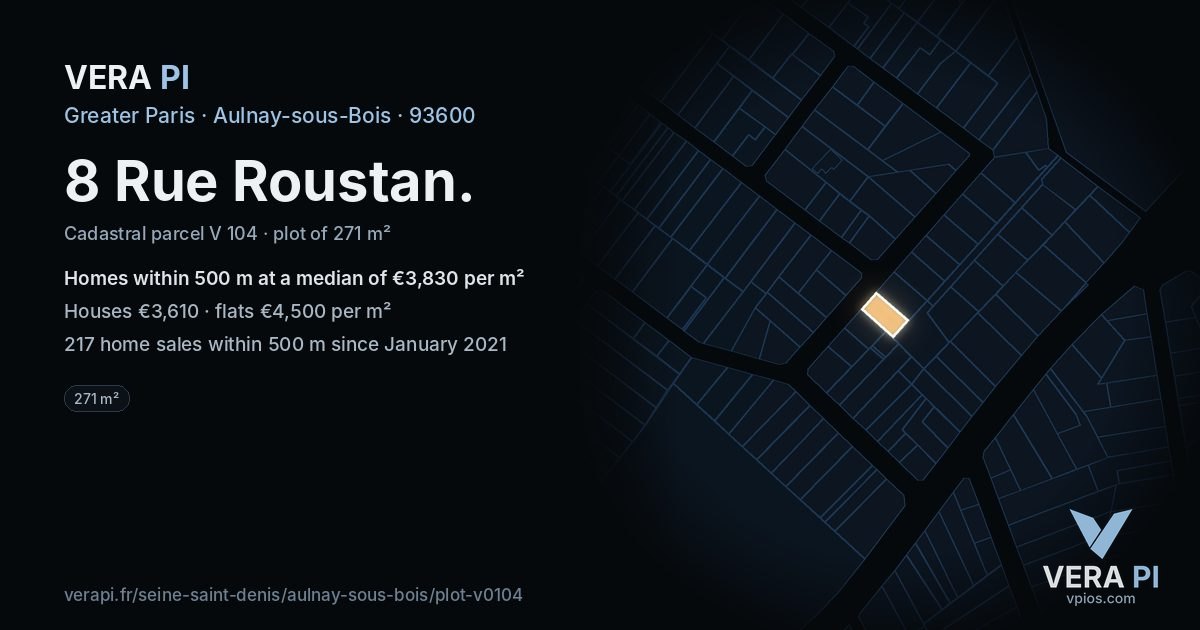8 Rue Roustan, Aulnay-sous-Bois at night – the plot lit, the parcels around coloured by the prices near them