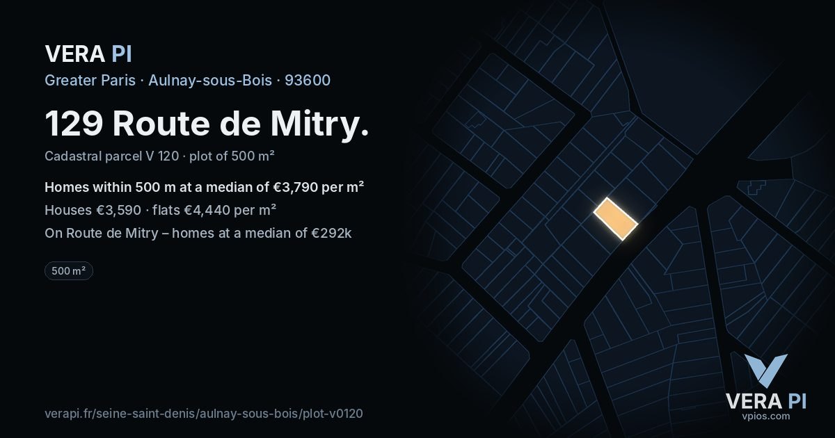 129 Route de Mitry, Aulnay-sous-Bois at night – the plot lit, the parcels around coloured by the prices near them