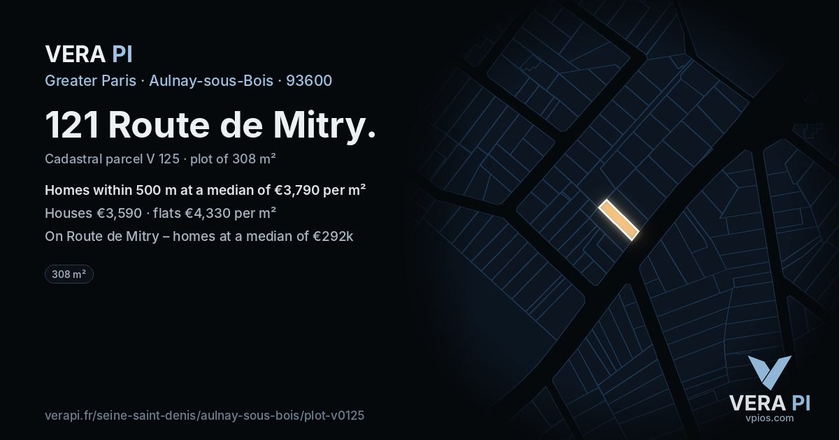 121 Route de Mitry, Aulnay-sous-Bois at night – the plot lit, the parcels around coloured by the prices near them