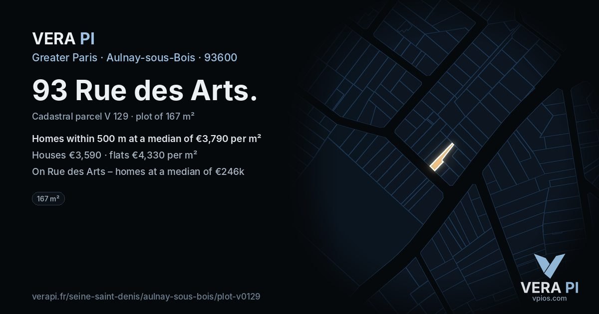 93 Rue des Arts, Aulnay-sous-Bois at night – the plot lit, the parcels around coloured by the prices near them