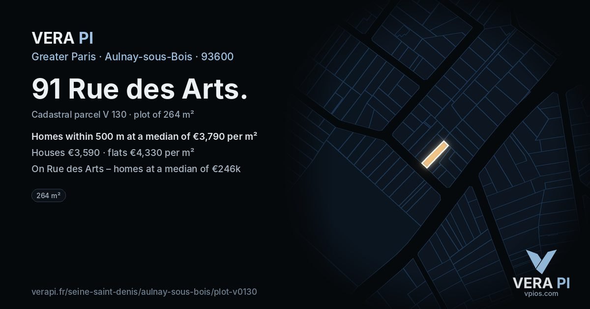 91 Rue des Arts, Aulnay-sous-Bois at night – the plot lit, the parcels around coloured by the prices near them