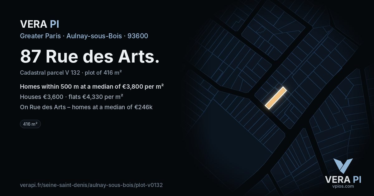 87 Rue des Arts, Aulnay-sous-Bois at night – the plot lit, the parcels around coloured by the prices near them