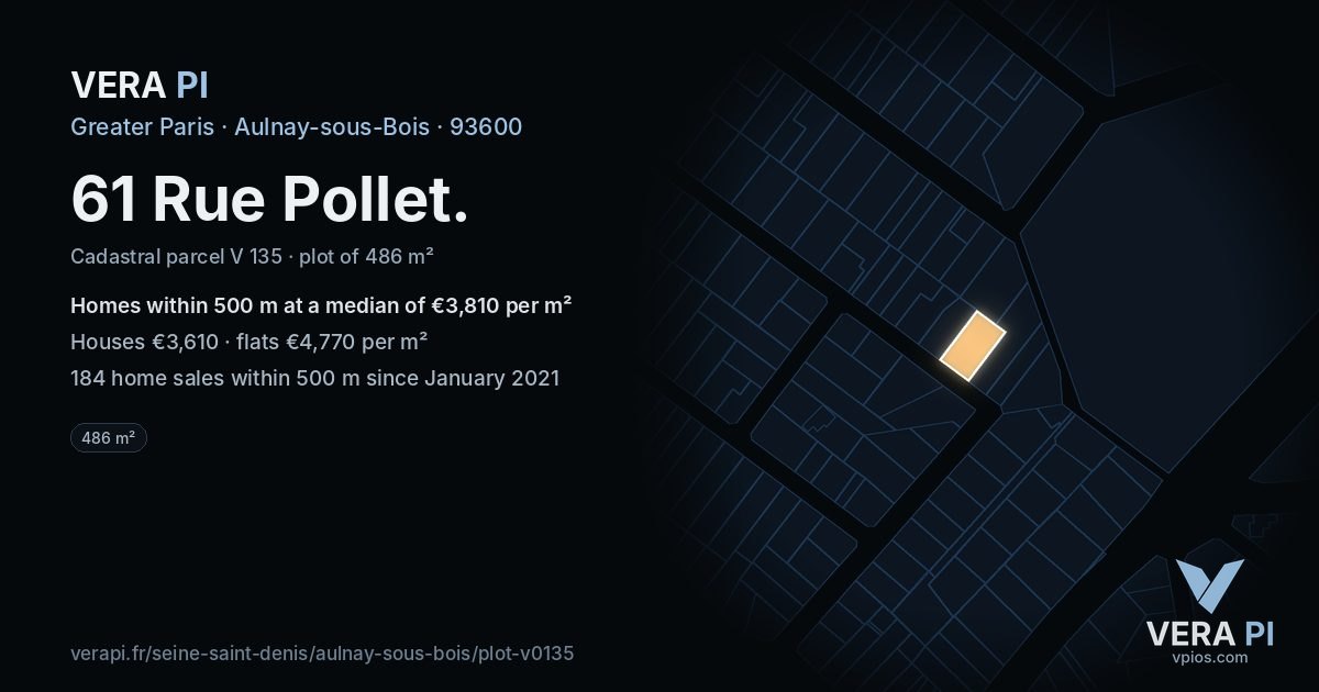 61 Rue Pollet, Aulnay-sous-Bois at night – the plot lit, the parcels around coloured by the prices near them