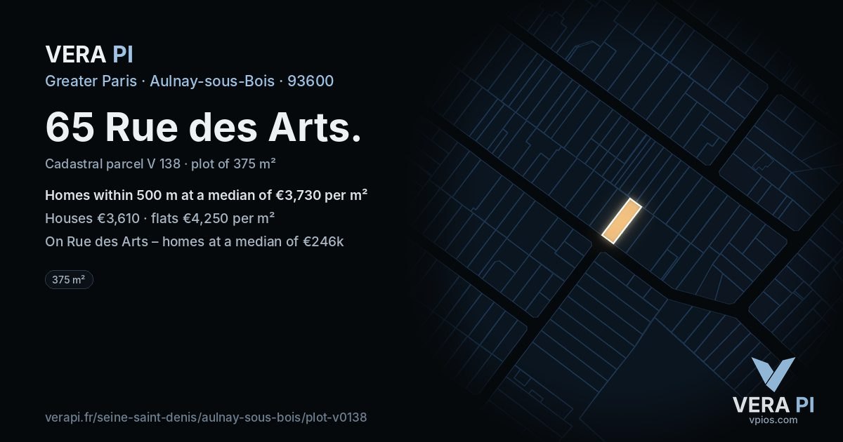 65 Rue des Arts, Aulnay-sous-Bois at night – the plot lit, the parcels around coloured by the prices near them