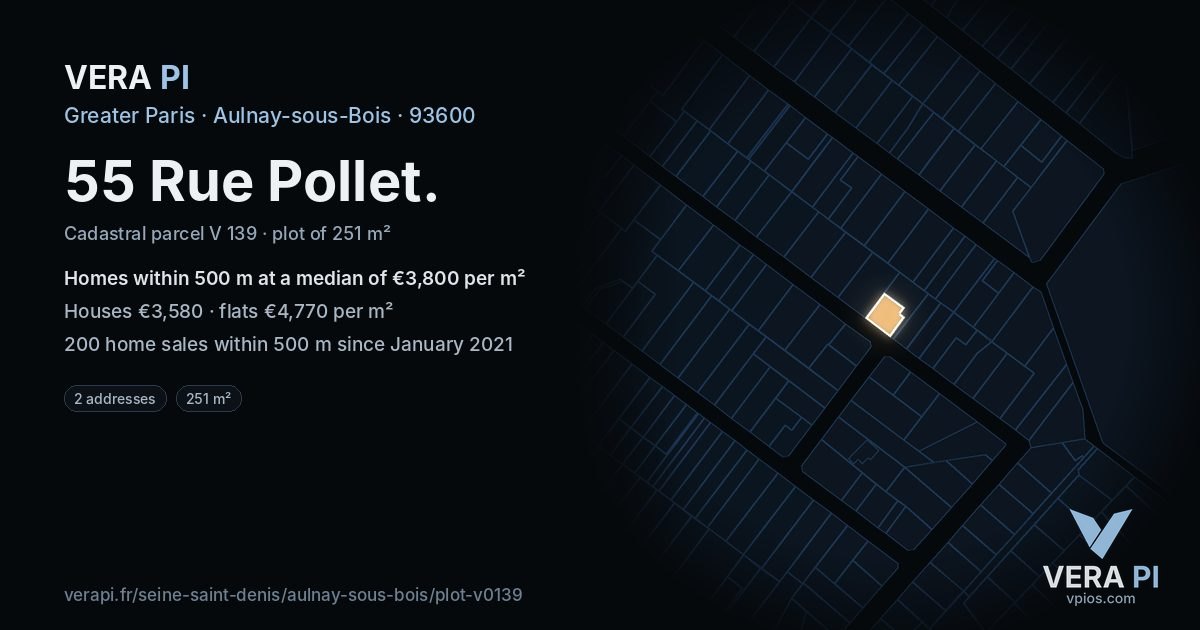 55 Rue Pollet, Aulnay-sous-Bois at night – the plot lit, the parcels around coloured by the prices near them