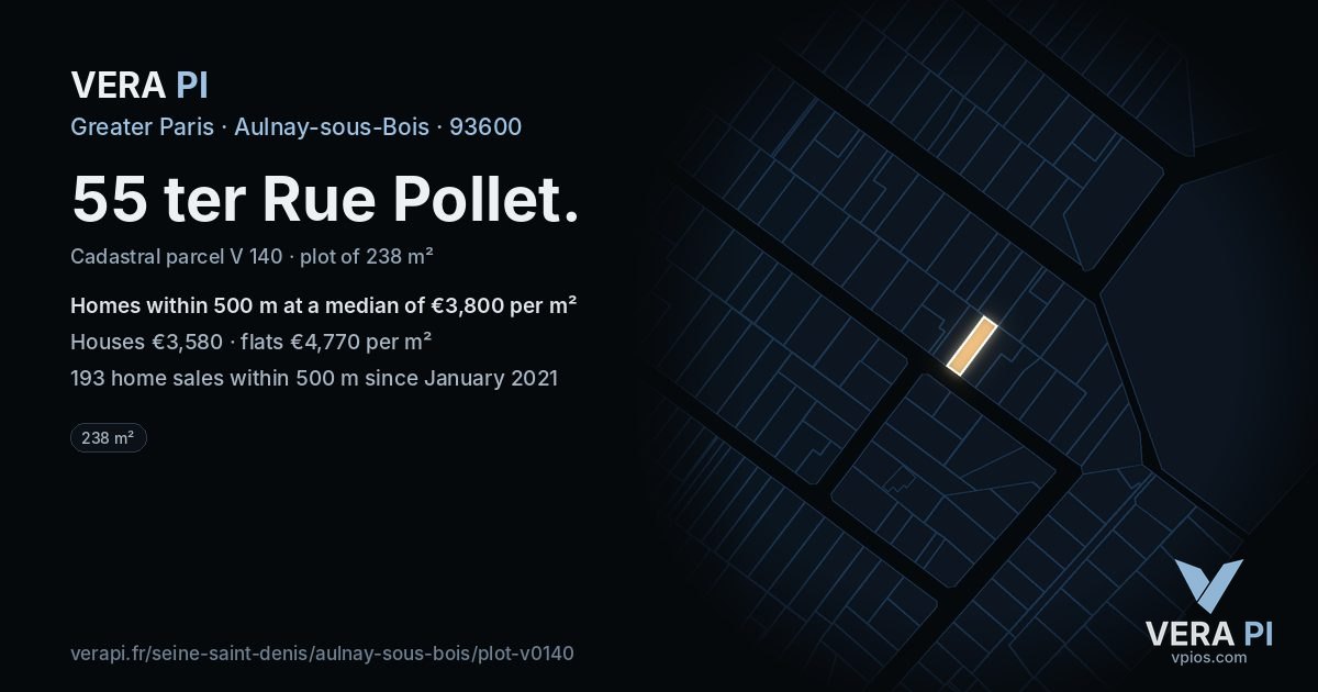 55 ter Rue Pollet, Aulnay-sous-Bois at night – the plot lit, the parcels around coloured by the prices near them