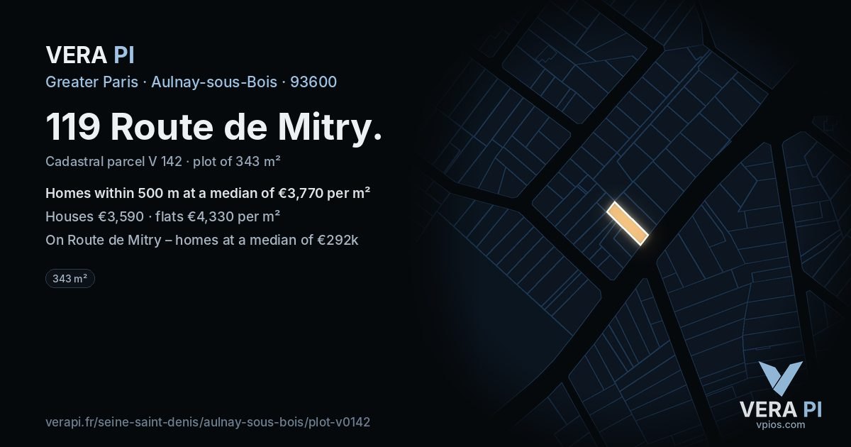 119 Route de Mitry, Aulnay-sous-Bois at night – the plot lit, the parcels around coloured by the prices near them