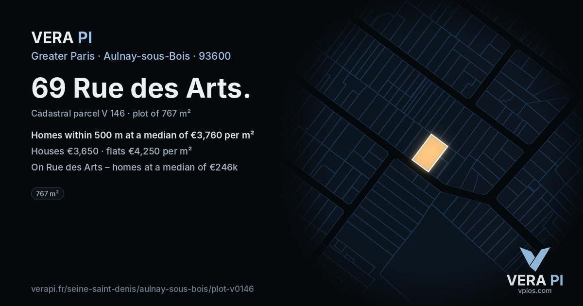 69 Rue des Arts, Aulnay-sous-Bois at night – the plot lit, the parcels around coloured by the prices near them
