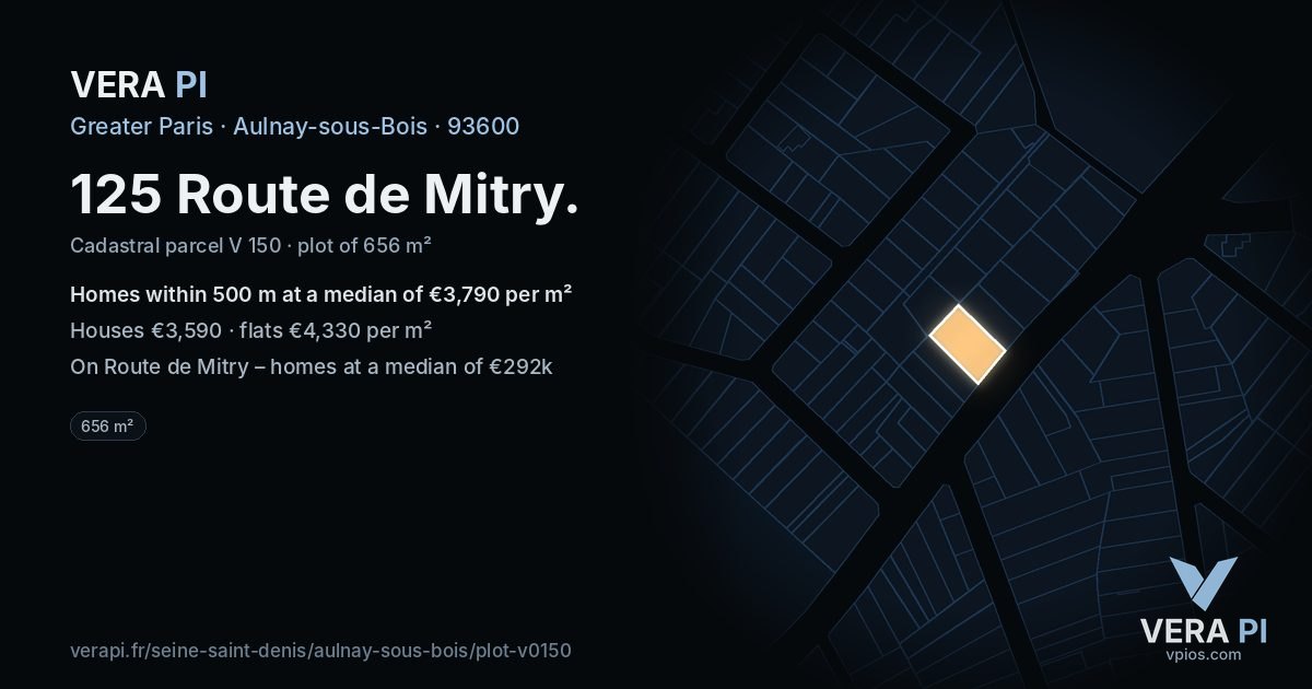 125 Route de Mitry, Aulnay-sous-Bois at night – the plot lit, the parcels around coloured by the prices near them